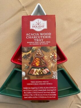 Holiday Time Tree-Shaped Charcuterie Tray with Red, Green, White Ceramic Bowls